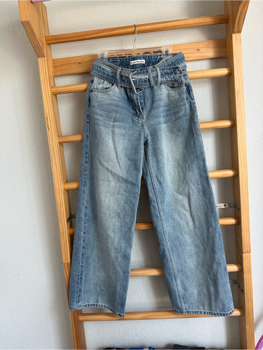 Acne Light Blue Flared Wide-Leg Jeans with Matching Belt